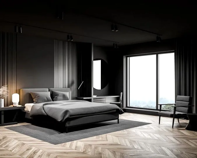 Hardwood flooring installed in herringbone pattern in modern bedroom